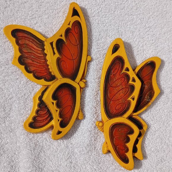 Universal Statuary Butterfly Pair Wall Decor 1973 MCM Orange Yellow Butterflies - Picture 3 of 11